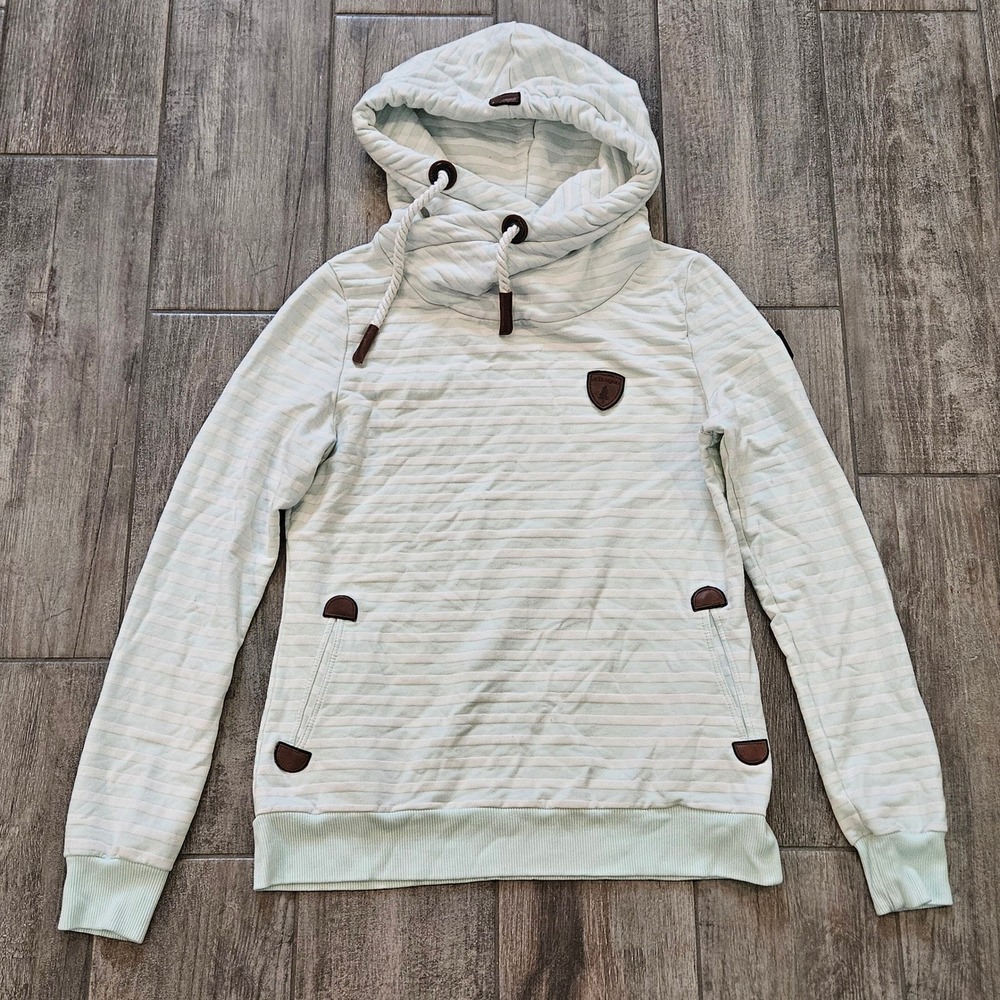 Wanakome Cowl Neck Hoodie Size L Mint Green Striped Leather Patch Pullover